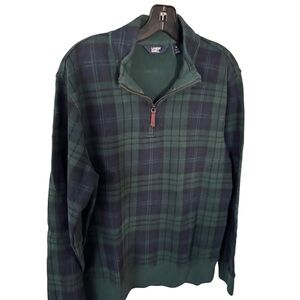 LANDS END Men’s Black Watch Plaid 1/4 Zip Sweater Size Medium